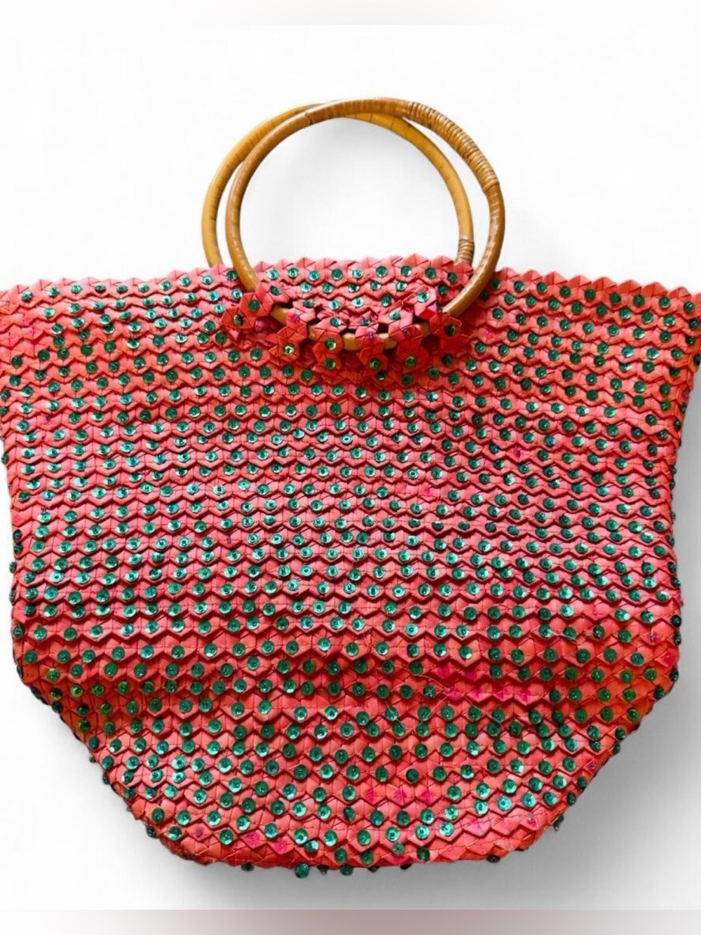 Y2K Wicker Rattan Pink Sequin Green Purse Handbag Medium Size